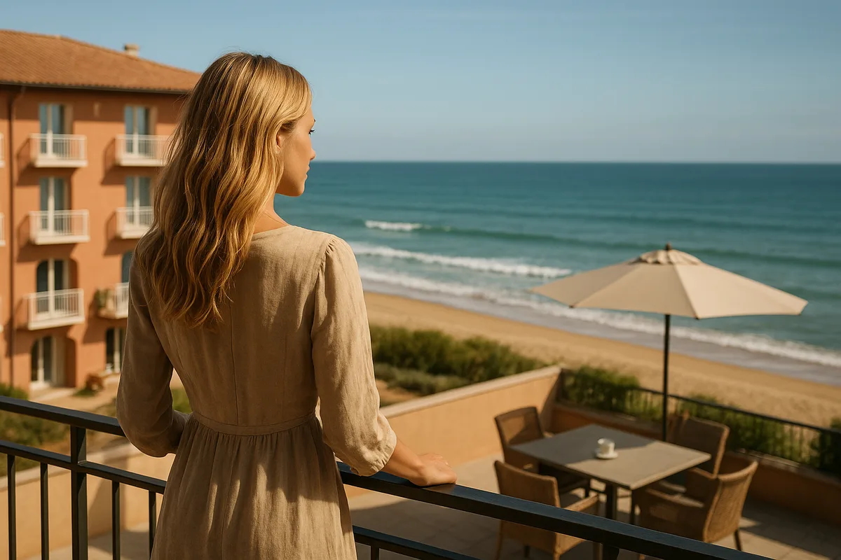 Voyageuse sur le balcon d’un hôtel en bord de mer, face à la plage et à l’océan Atlantique, avec une terrasse et un parasol