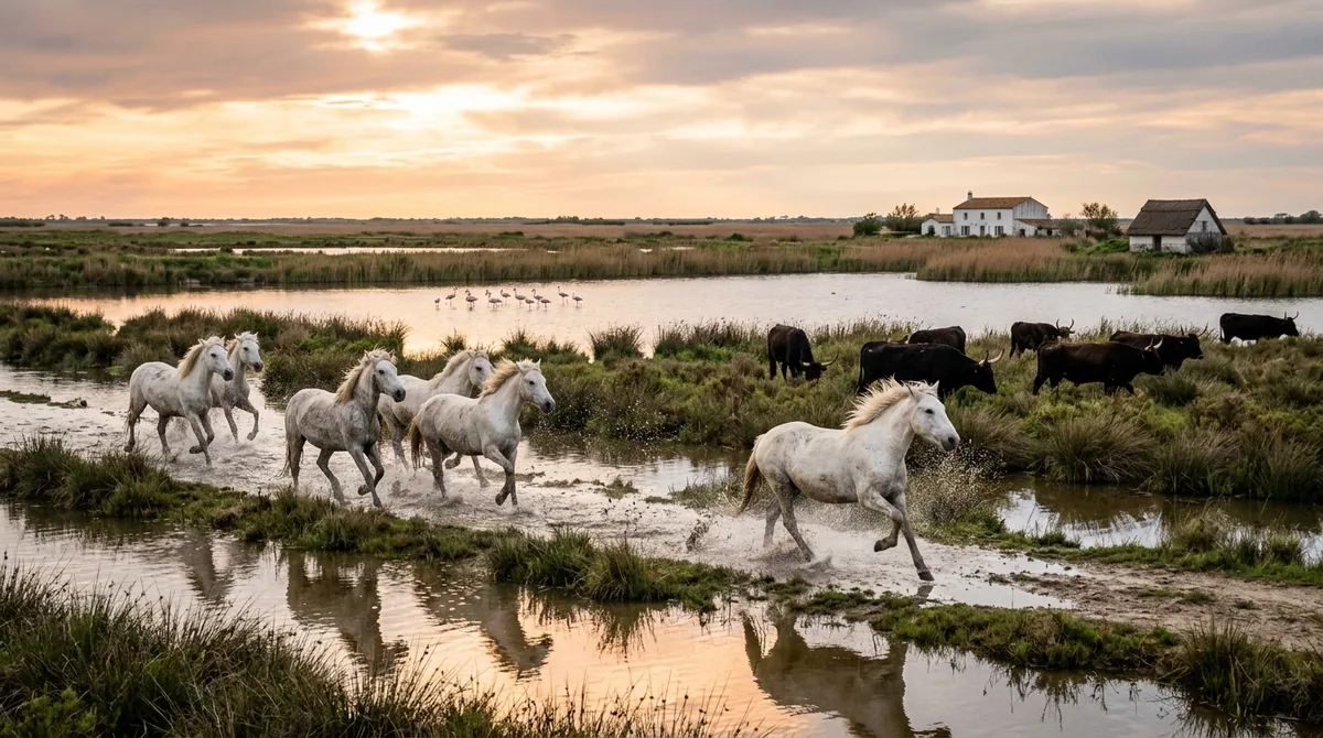 Chevaux blancs de Camargue au lever du soleil dans les marais