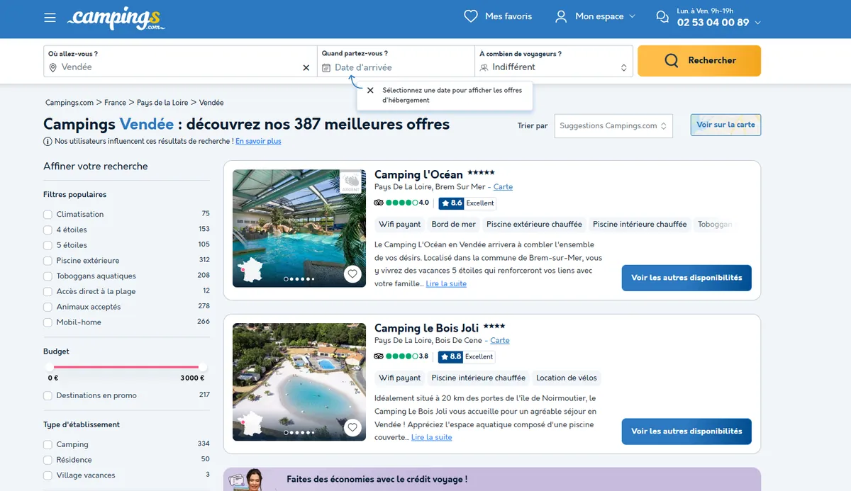 Page Vendée de Campings.com avec filtres