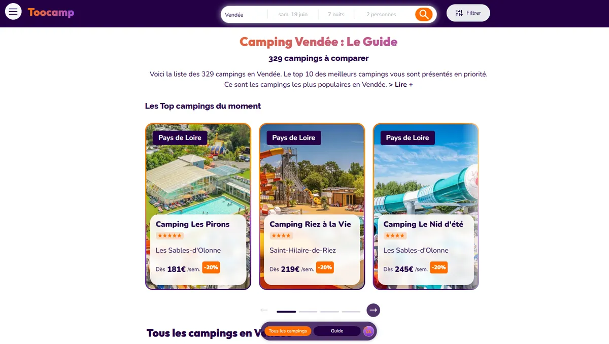 Page camping Vendée du comparateur Toocamp