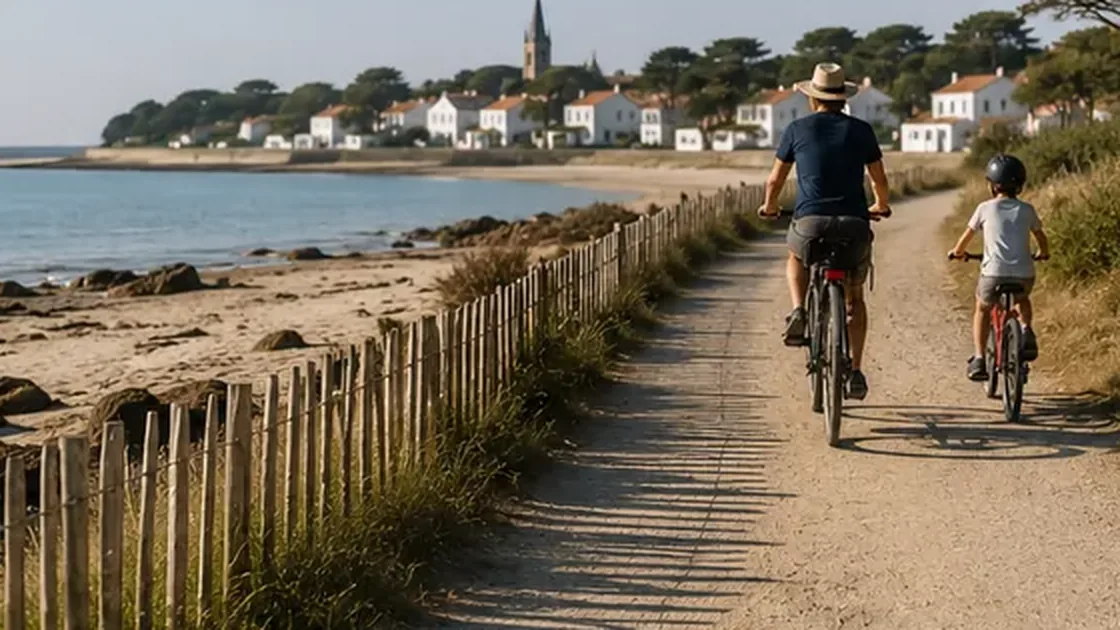 Père et fils à vélo sur un sentier côtier de l’île de Noirmoutier