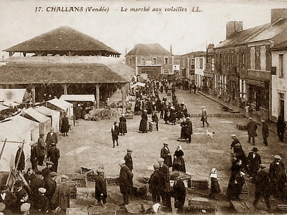 Carte postale ancienne du marché aux volailles de Challans : une halle couverte à gauche et une foule d'acheteurs dans la rue