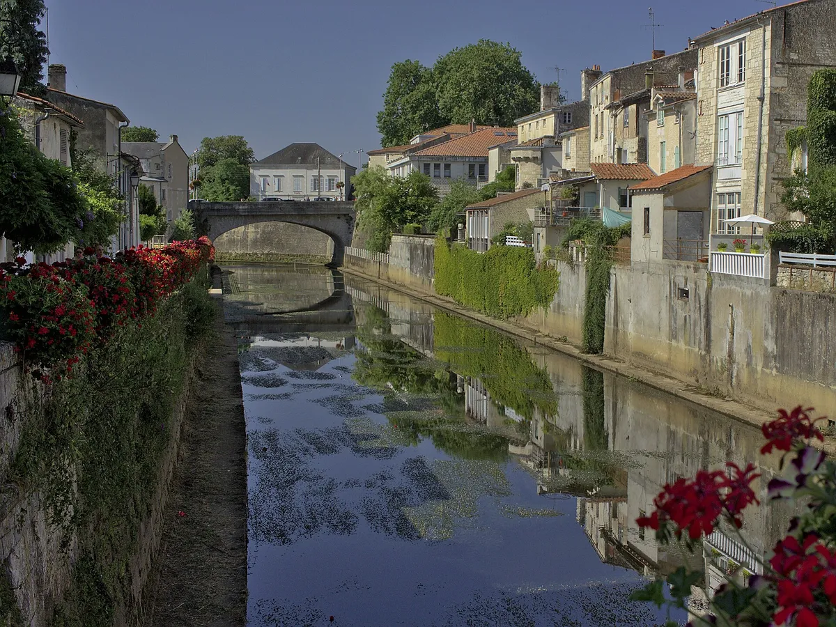 La rivière Vendée à Fontenay-le-Comte, vue depuis le pont des Sardines, entre des quais fleuris et des maisons en pierre