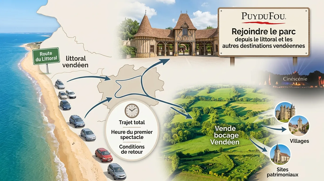 Carte des temps de trajet pour rejoindre le Puy du Fou depuis le littoral et les villes de Vendée