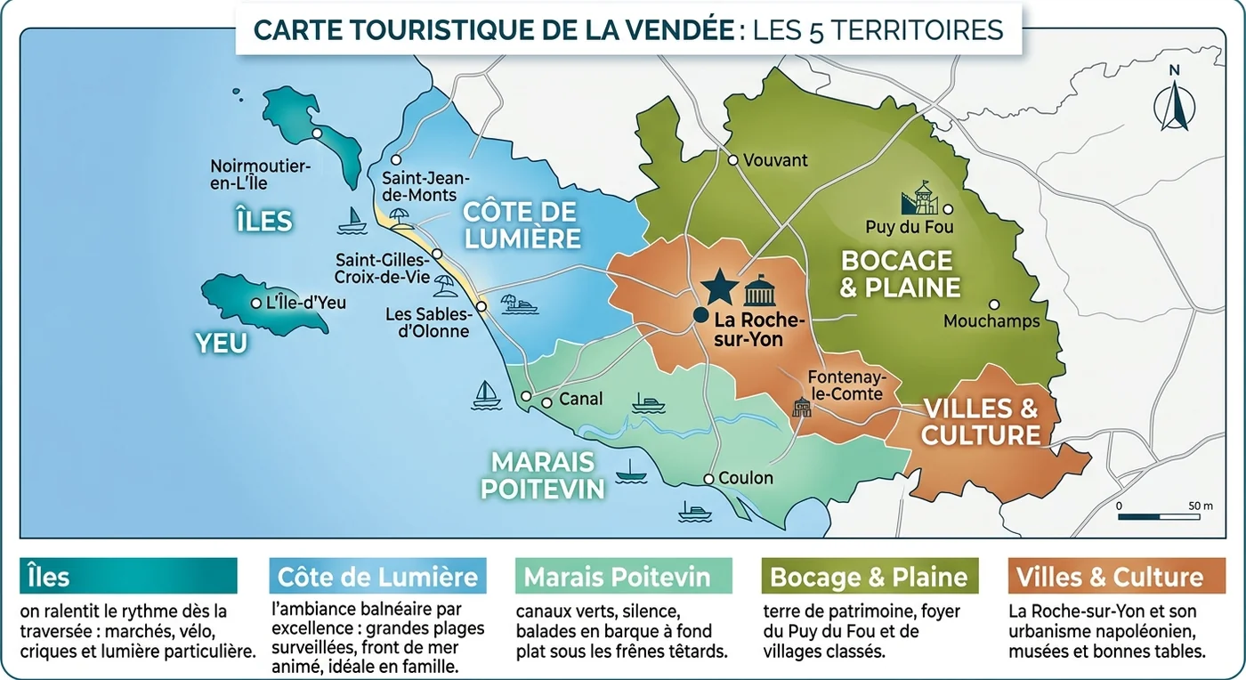 Carte touristique de la Vendée et ses 5 territoires : Îles, Côte de Lumière, Marais poitevin, Bocage et Plaine, Villes et Culture