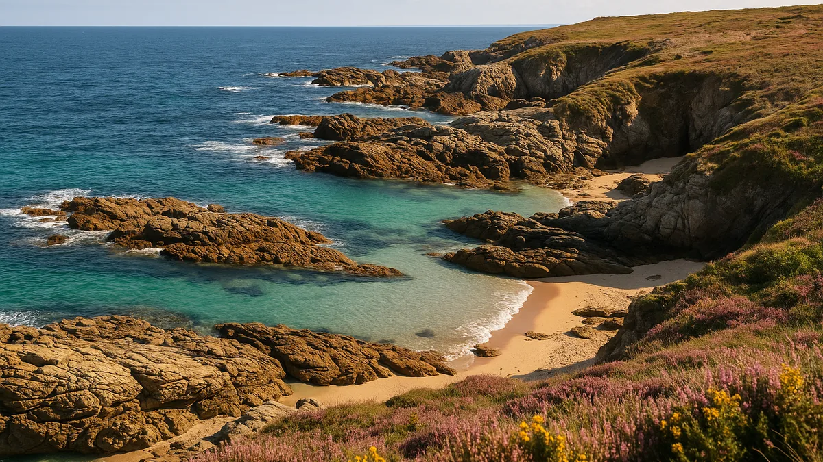 Criques rocheuses, eau turquoise et bruyère sur une côte sauvage