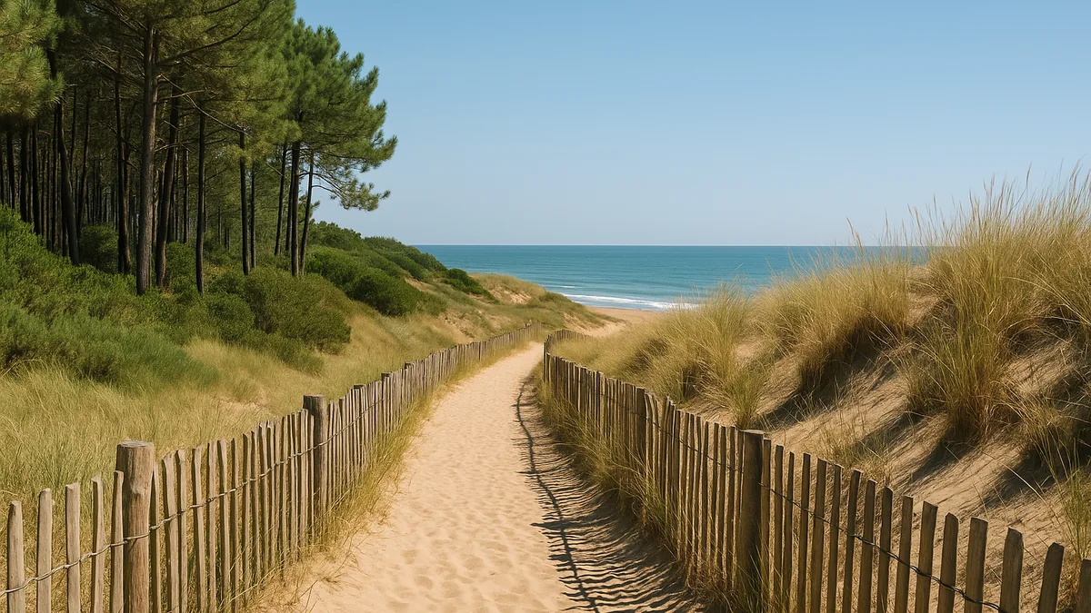 Sentier sableux entre dunes et pinède vers l'océan