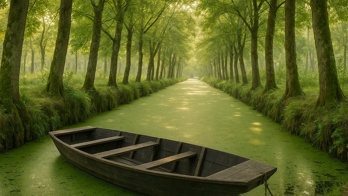 Barque à fond plat sur un canal couvert de lentilles d'eau entre les arbres