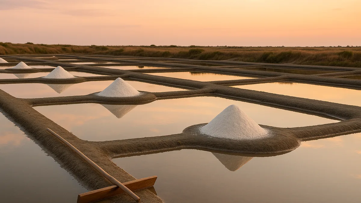 Marais salants avec tas de sel et râteau au coucher du soleil