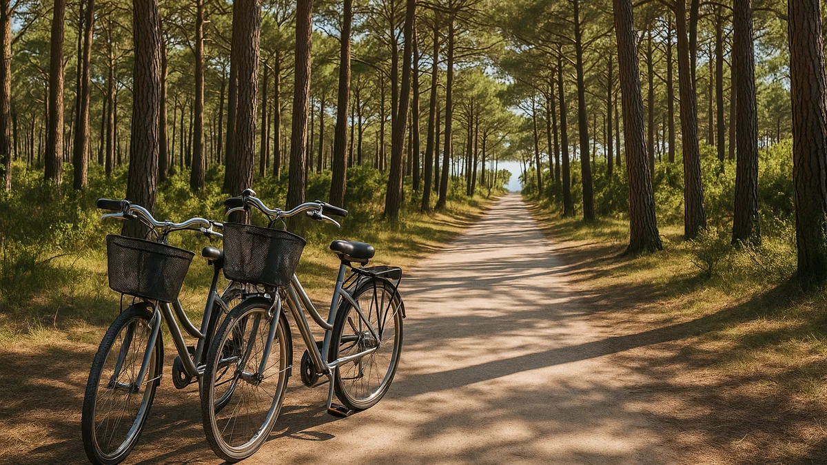 Vacances à Saint-Jean-de-Monts : vélos sur un chemin sableux dans la pinède vers la mer