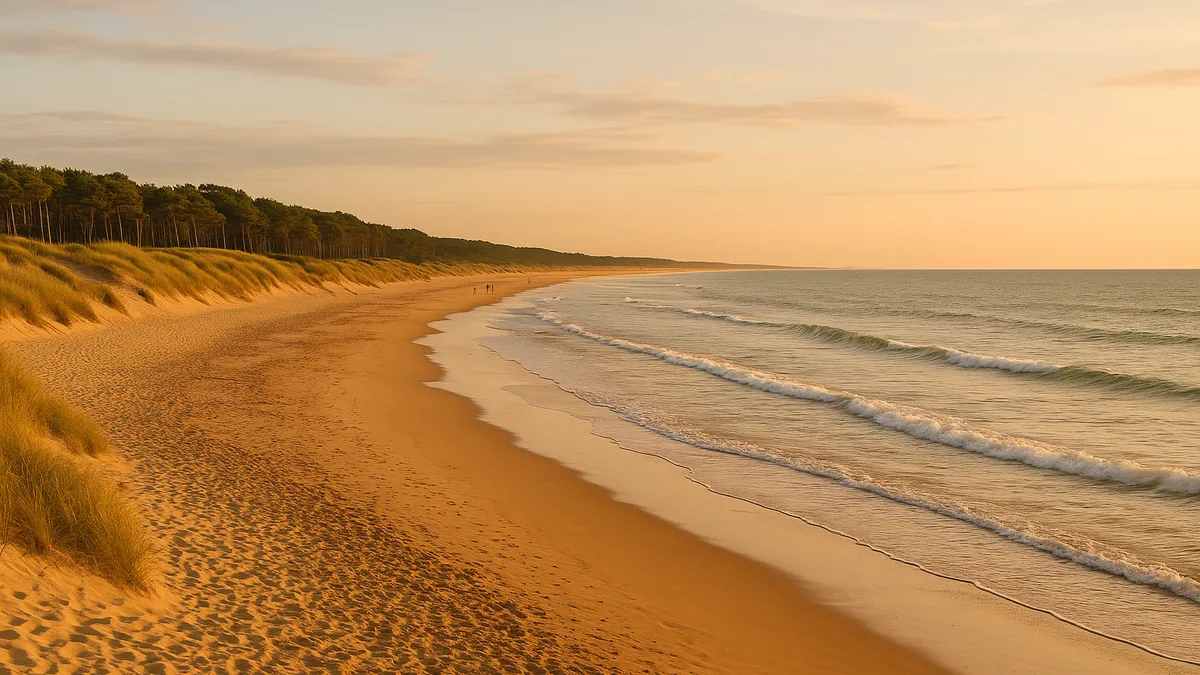 Vacances à La Tranche-sur-Mer : longue plage bordée de dunes et de pins au coucher du soleil