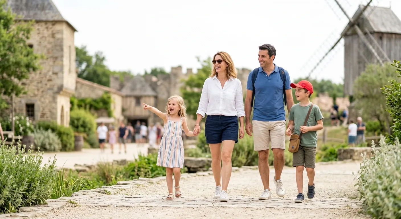 Vendée tourisme Puy du Fou : famille devant un moulin dans un village ancien reconstitué